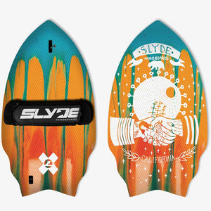 Slyde Handboard wedge hand plane for bodysurfing a wave riding board for the ocean top and bottom view green tribal design over a dark green base awesome for the beach